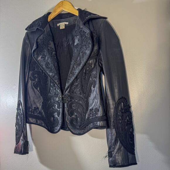 Peter Nygard Black Genuine Leather Embroidered Bolero Jacket Whimsigoth, Matador - Picture 1 of 11
